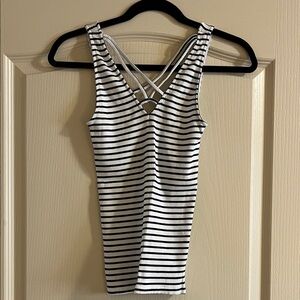 Express Black & White Striped Crisscross Tank